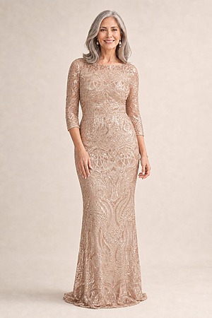 Roxy Sequin Gown by Trellis Lane in Gold mother of the bride dress on model