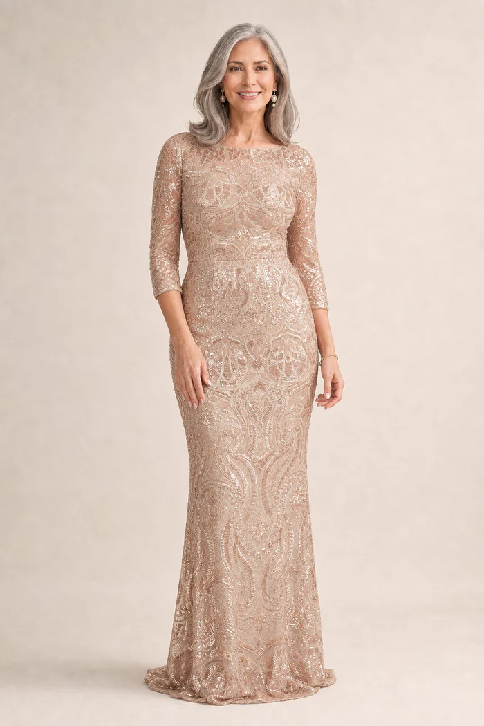 Roxy Sequin Gown by Trellis Lane in Gold mother of the bride dress on model