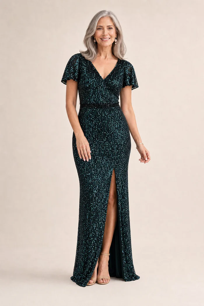 SALE Regina Emerald Green Gown by Tania Olsen mother of the bride dress on model