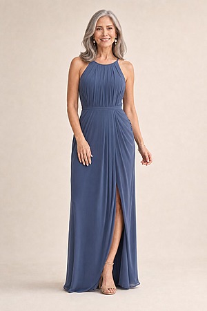 Sandra High Neck Dress by Tania Olsen - Dusty Indigo mother of the bride dress on model