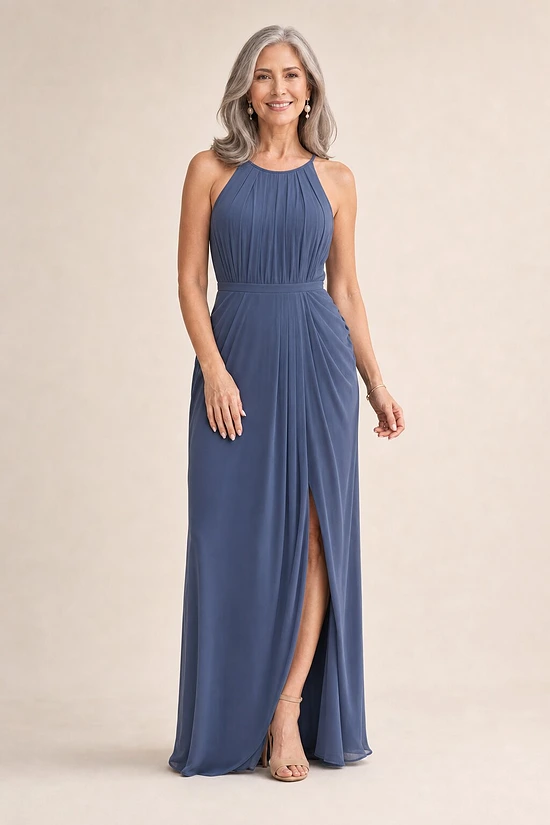 Sandra High Neck Dress by Tania Olsen - Dusty Indigo mother of the bride dress on model