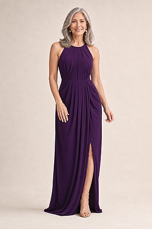 Sandra High Neck Dress by Tania Olsen - Purple mother of the bride dress on model