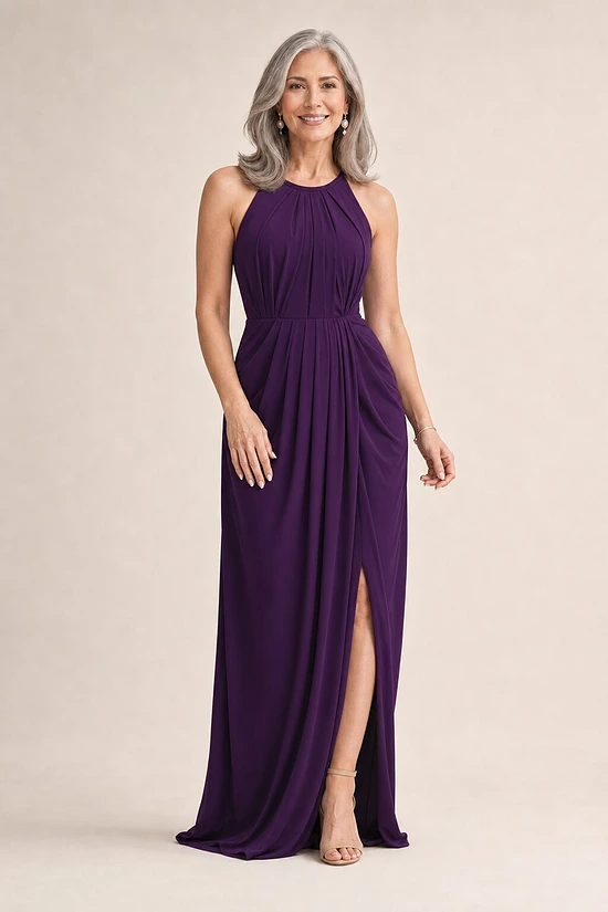 Sandra High Neck Dress by Tania Olsen - Purple mother of the bride dress on model