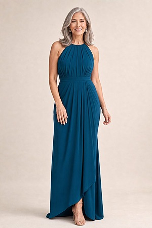 Sandra High Neck Dress by Tania Olsen - Teal mother of the bride dress on model