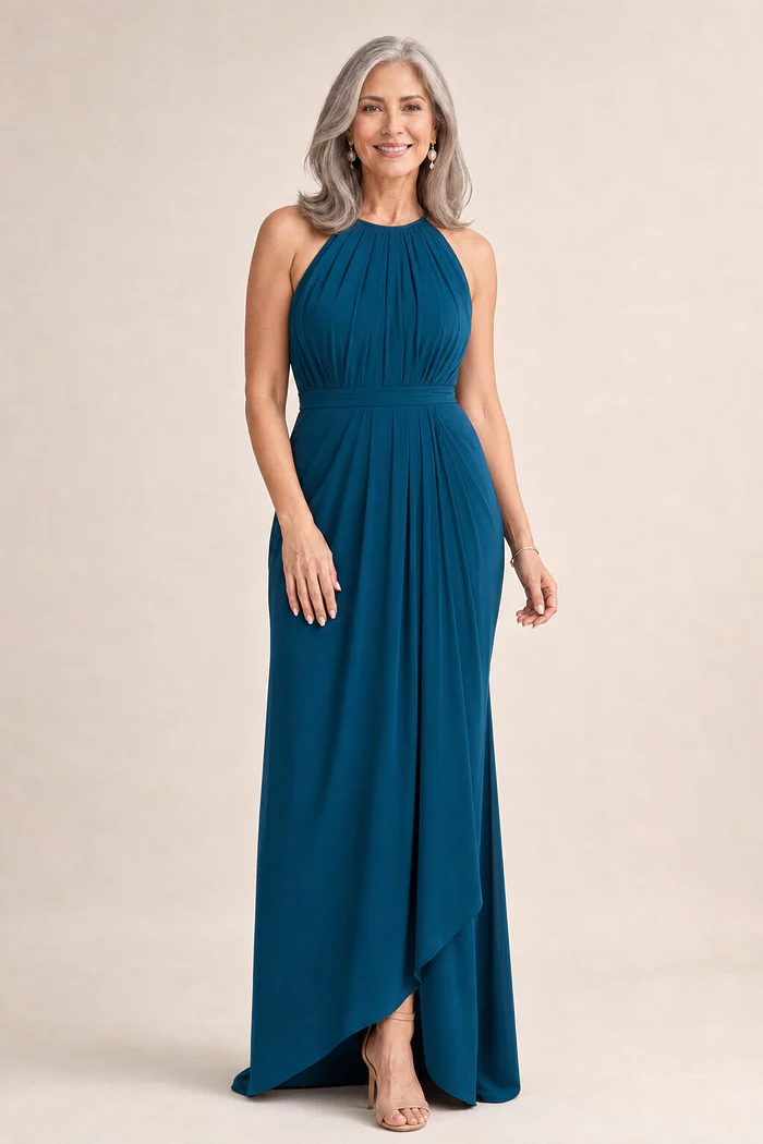 Sandra High Neck Dress by Tania Olsen - Teal mother of the bride dress on model
