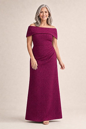 Shari Magenta Gown Timeless Lines with Softly Structured Detail by Trellis Lane mother of the bride dress on model