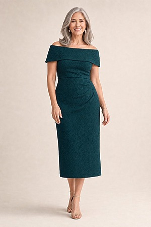 Shari Midi Refined Teal Elegant Cocktail by Trellis Lane mother of the bride dress on model