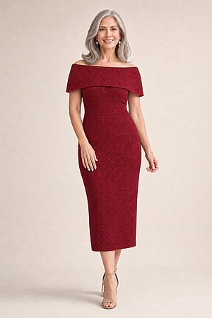 Shari Midi Refined Wine Elegant Cocktail by Trellis Lane mother of the bride dress on model