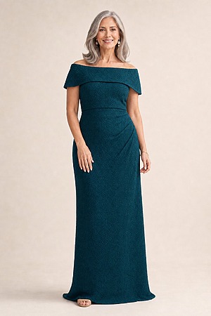 Shari Teal Gown Timeless Lines with Softly Structured Detail by Trellis Lane mother of the bride dress on model