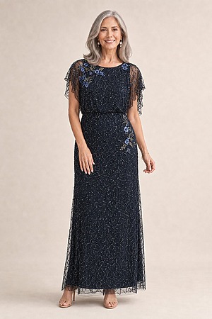 Short Sleeve Beaded Floral Embroidery Midnight Multi Gown by Adrianna Papell mother of the bride dress on model
