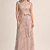 Short Sleeve Floral Embroidered Blush Nude Gown With Ribbon Tie Waist by Adrianna Papell mother of the bride dress on model
