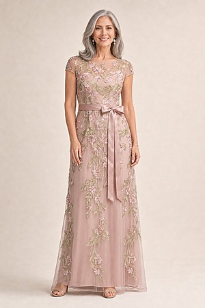 Short Sleeve Floral Embroidered Blush Nude Gown With Ribbon Tie Waist by Adrianna Papell mother of the bride dress on model