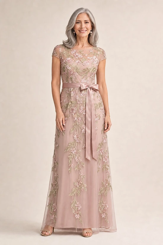 Short Sleeve Floral Embroidered Blush Nude Gown With Ribbon Tie Waist by Adrianna Papell mother of the bride dress on model