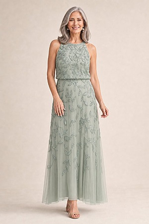 Sleeveless Blouson Mermaid Aqua Gown With Jasmine Beading by Adrianna Papell mother of the bride dress on model