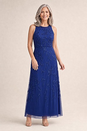 Sleeveless Blouson Mermaid Dark Blue Gown With Jasmine Beading by Adrianna Papell mother of the bride dress on model