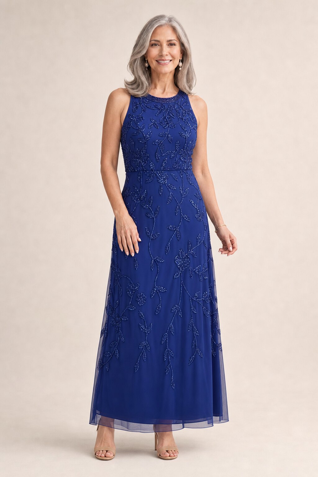 Sleeveless Blouson Mermaid Dark Blue Gown With Jasmine Beading by Adrianna Papell