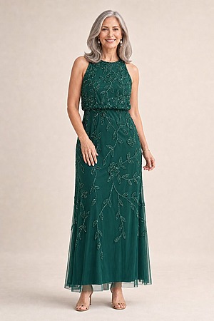 Sleeveless Blouson Mermaid Emerald Gown With Jasmine Beading by Adrianna Papell mother of the bride dress on model