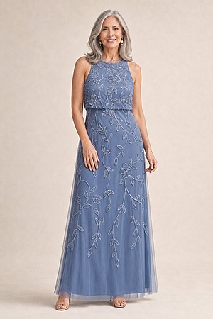 Sleeveless Blouson Mermaid French Blue Gown With Jasmine Beading by Adrianna Papell mother of the bride dress on model