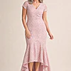 Stasia Hi-Lo Blush Dress Understated Shine in a Mermaid Silhouette by Trellis Lane mother of the bride dress on model