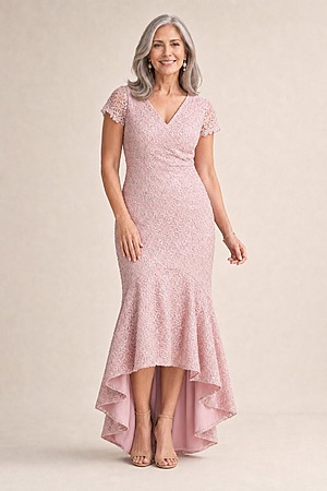 Stasia Hi-Lo Blush Dress Understated Shine in a Mermaid Silhouette by Trellis Lane mother of the bride dress on model