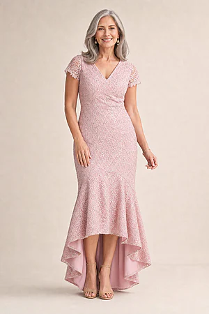 Stasia Hi-Lo Blush Dress Understated Shine in a Mermaid Silhouette by Trellis Lane