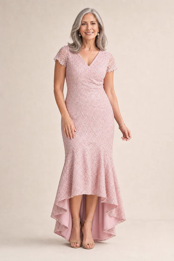 Stasia Hi-Lo Blush Dress Understated Shine in a Mermaid Silhouette by Trellis Lane mother of the bride dress on model
