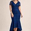 Stasia Hi-Lo Navy Dress Understated Shine in a Mermaid Silhouette by Trellis Lane mother of the bride dress on model