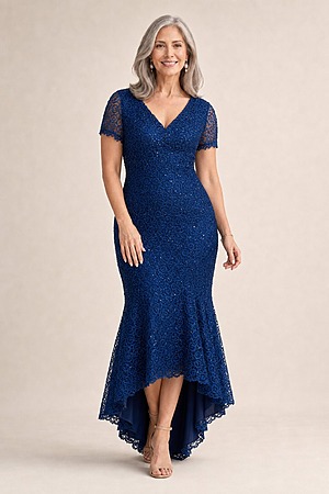 Stasia Hi-Lo Navy Dress Understated Shine in a Mermaid Silhouette by Trellis Lane mother of the bride dress on model