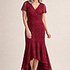 Stasia Hi-Lo Wine Dress Understated Shine in a Mermaid Silhouette by Trellis Lane mother of the bride dress on model