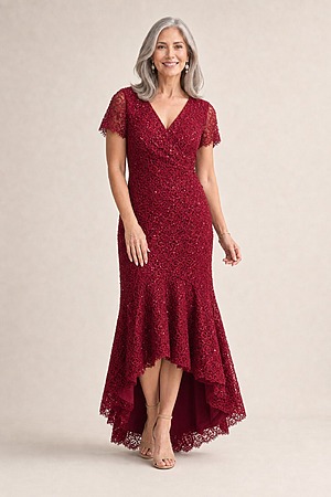 Stasia Hi-Lo Wine Dress Understated Shine in a Mermaid Silhouette by Trellis Lane mother of the bride dress on model