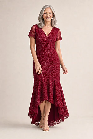 Stasia Hi-Lo Wine Dress Understated Shine in a Mermaid Silhouette by Trellis Lane