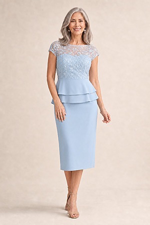 Tania Peplum Midi Beaded Elegance with Soft Structure by Trellis Lane mother of the bride dress on model
