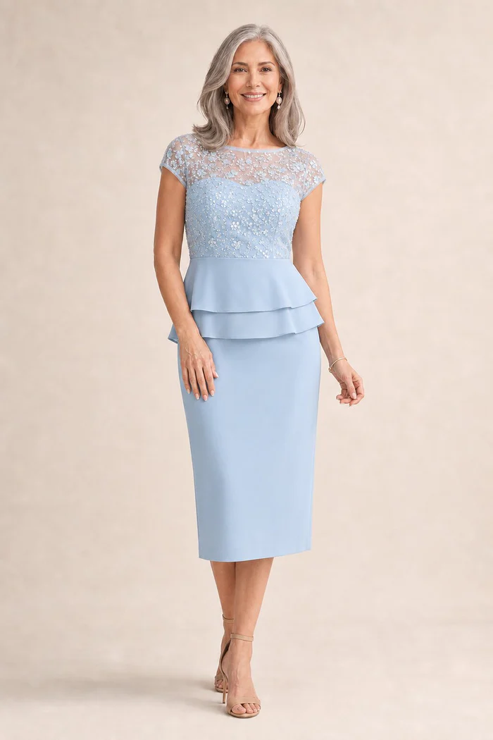 Tania Peplum Midi Beaded Elegance with Soft Structure by Trellis Lane mother of the bride dress on model