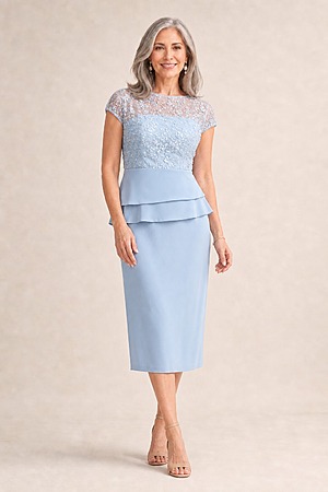 Tania Peplum Pale Blue Beaded Midi Dress by Trellis Lane mother of the bride dress on model