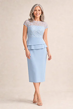 Tania Peplum Pale Blue Beaded Midi Dress by Trellis Lane
