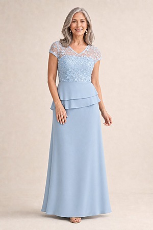 Tania Peplum Pale Blue Gown Beaded Elegance with Soft Structure by Trellis Lane mother of the bride dress on model