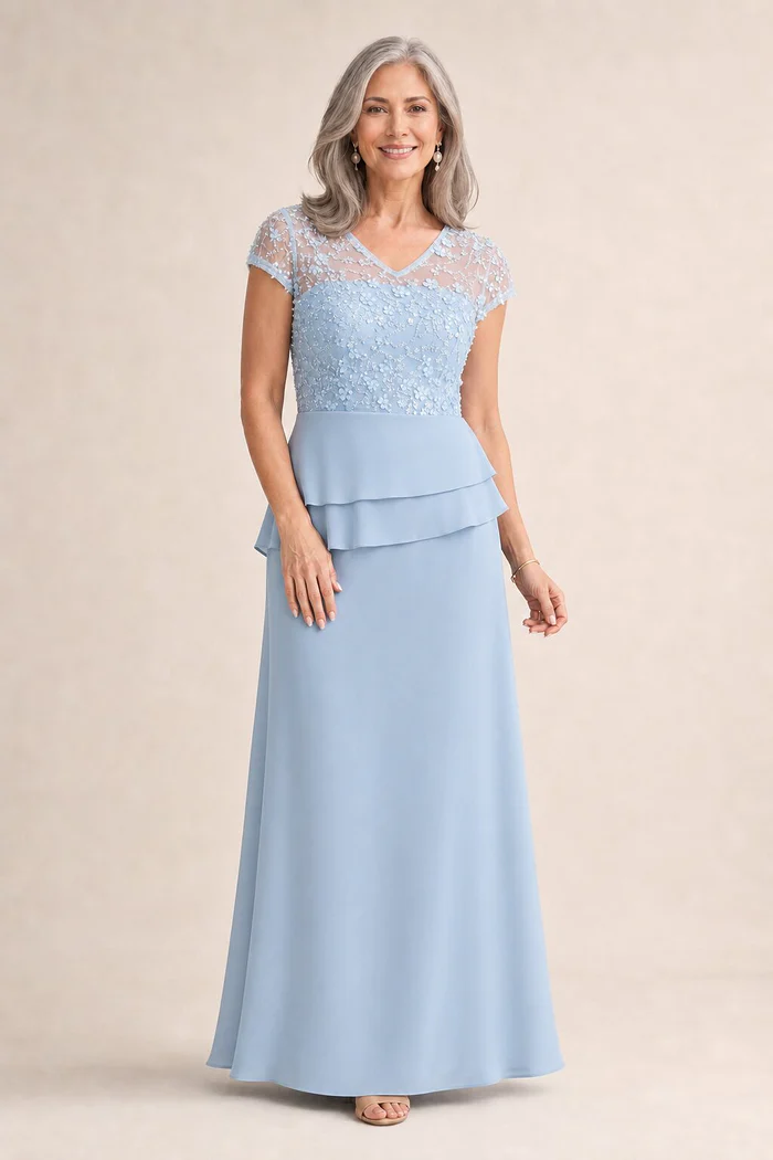 Tania Peplum Pale Blue Gown Beaded Elegance with Soft Structure by Trellis Lane mother of the bride dress on model