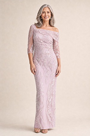 Terrianne Beaded Refined Blush Dress by Trellis Lane mother of the bride dress on model