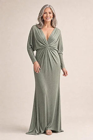 Nelson Full Sleeve Satin Gown by Tania Olsen - Sage