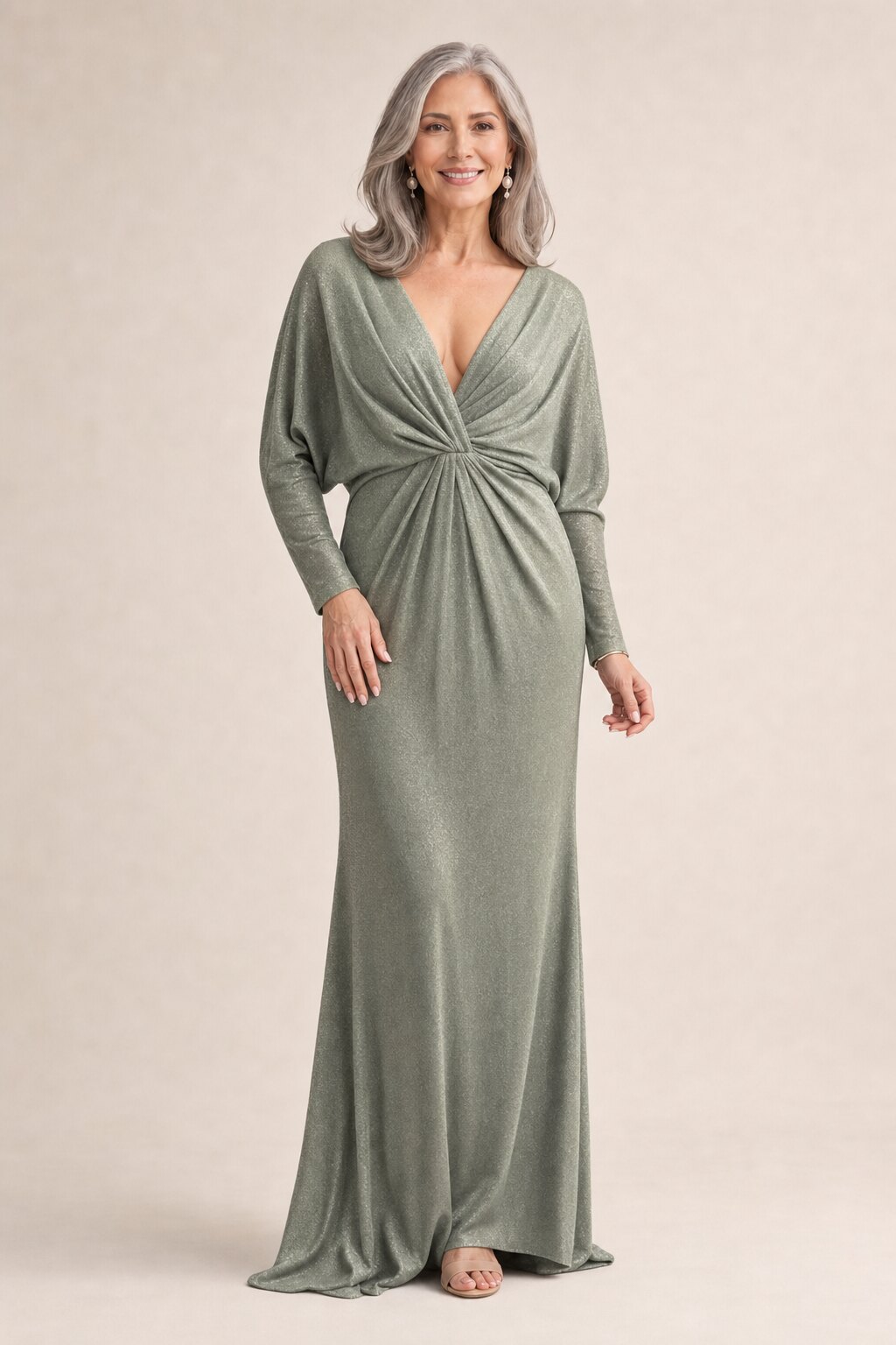 Nelson Full Sleeve Satin Gown by Tania Olsen - Sage