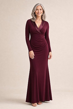 Tuxedo Mermaid Burgundy Gown With Long Sleeves by Adrianna Papell mother of the bride dress on model