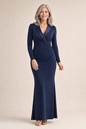 Tuxedo Mermaid Midnight Gown With Long Sleeves by Adrianna Papell mother of the bride dress on model