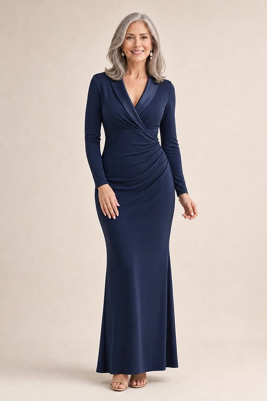 Tuxedo Mermaid Midnight Gown With Long Sleeves by Adrianna Papell mother of the bride dress on model