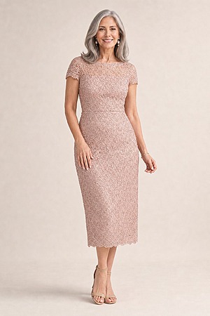 Vena Blush Midi Dress Sequined Lace by Trellis Lane mother of the bride dress on model