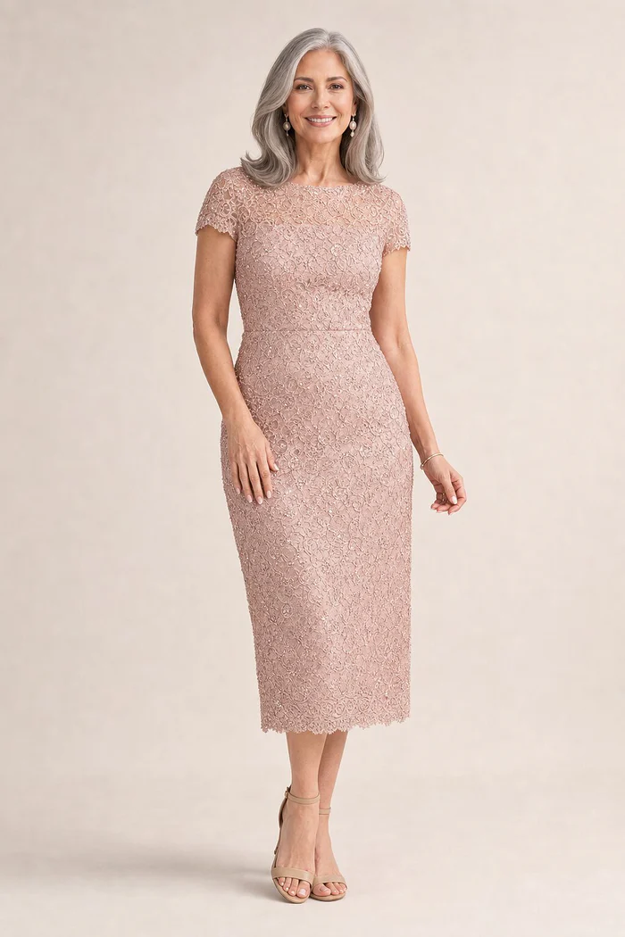 Vena Blush Midi Dress Sequined Lace by Trellis Lane mother of the bride dress on model