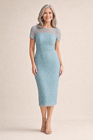 Vena Light Blue Midi Dress Sequined Lace by Trellis Lane mother of the bride dress on model