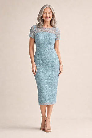 Vena Light Blue Midi Dress Sequined Lace by Trellis Lane