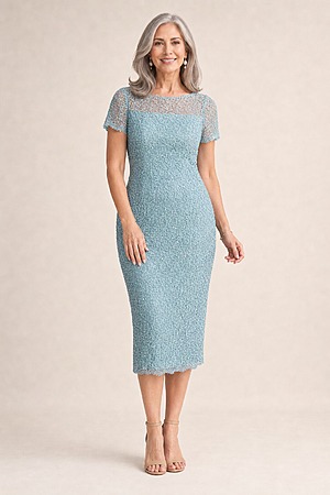 Vena Navy Midi Dress Sequined Lace by Trellis Lane mother of the bride dress on model