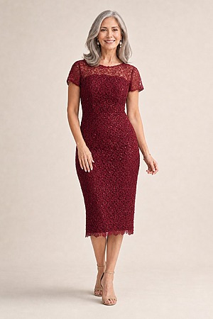 Vena Wine Midi Dress Sequined Lace by Trellis Lane mother of the bride dress on model
