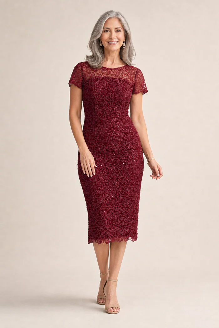 Vena Wine Midi Dress Sequined Lace by Trellis Lane mother of the bride dress on model